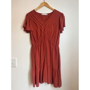 Rusttydustty Terracotta Pintuck V-Neck Tiered Mini Dress Womens 0XL Plus Size
